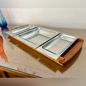 Kalmar Designs Denmark Stainless Steel Teak Divided Serving Tray 3 Bin MCM